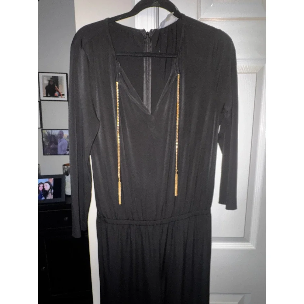 Michael Michael Kors Black Wide Leg Jumpsuit‎ Gold Chain Tassel V-Neck Medium